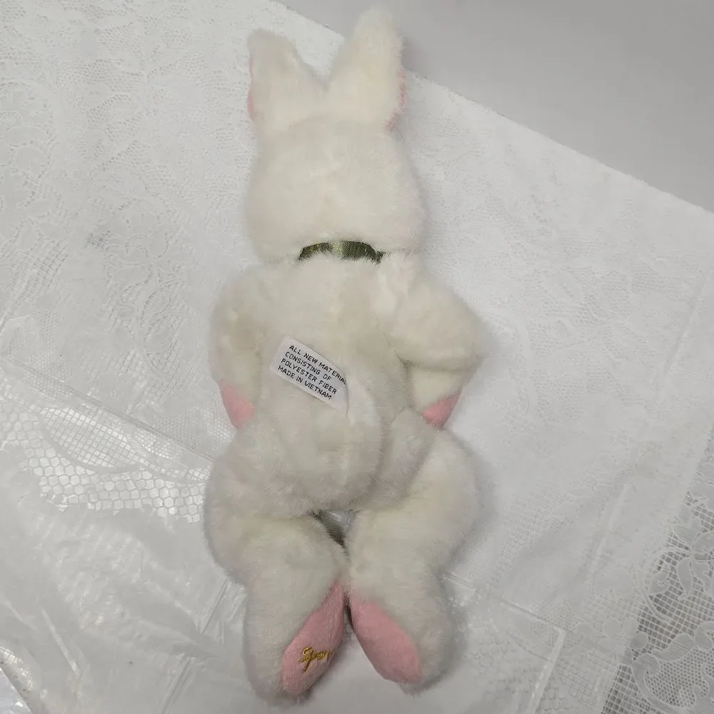 Vintage Harrods White Easter Bunny Rabbit Plush Olive Ribbon Made In Vietnam